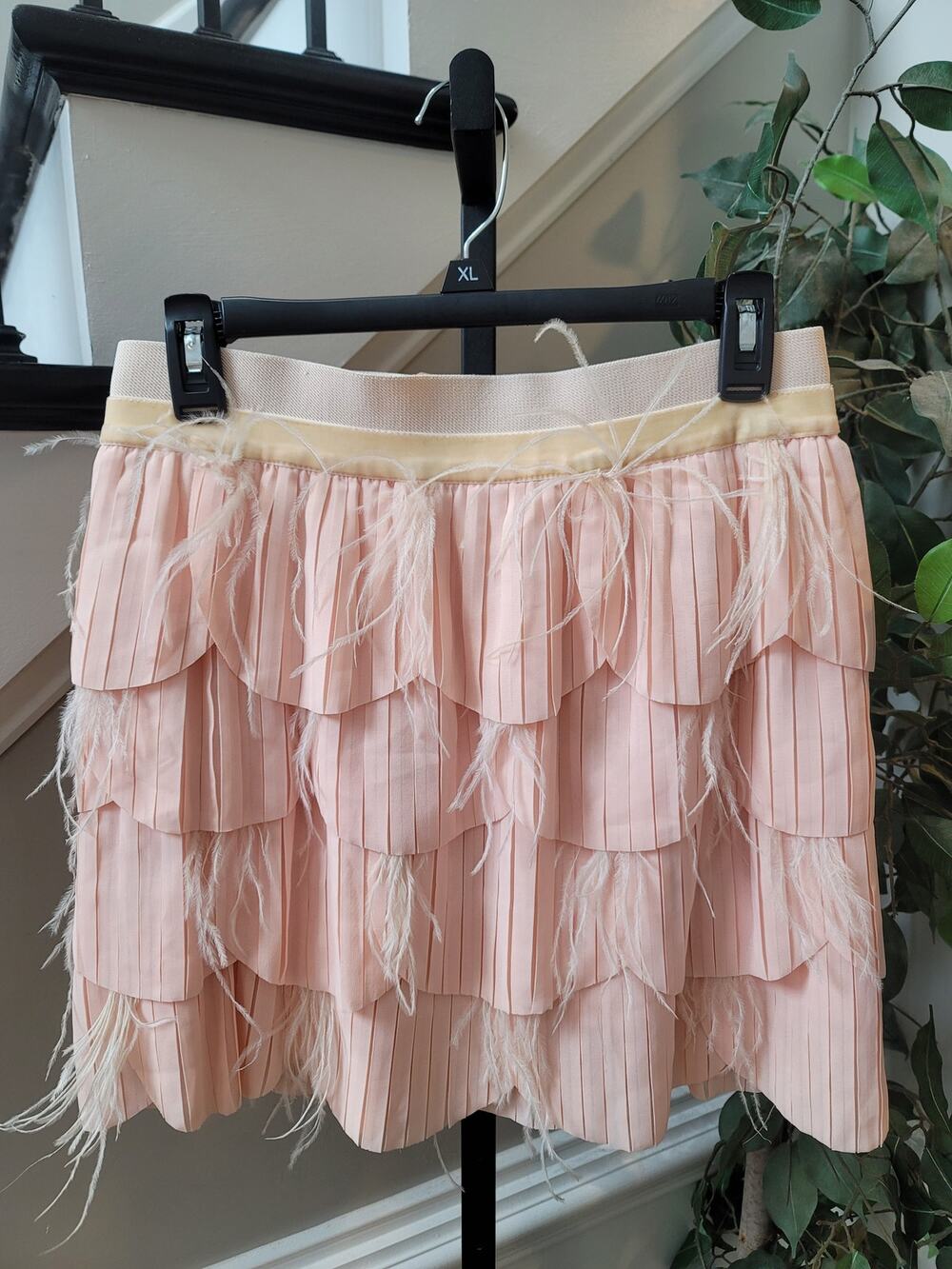 Hazel Mini Skirt Women's Large Pink Feather Fringe Pleated Ruffle Tiered Lined